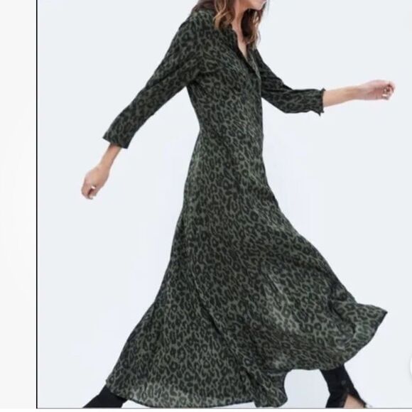 ZARA Leopard Print Maxi Button Down Maxi Dress - Picture 2 of 13